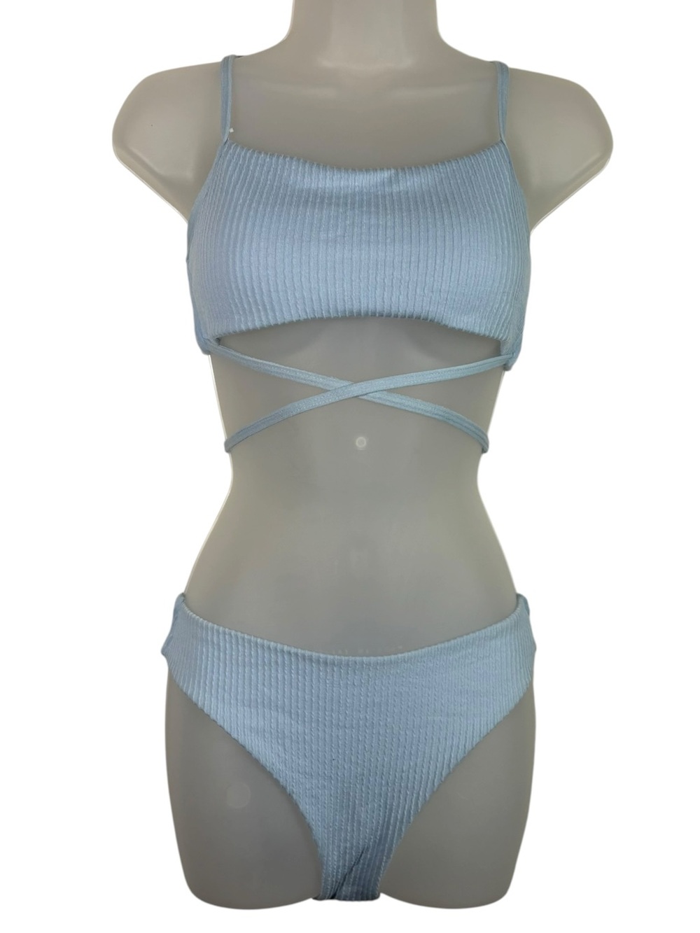 Shein Pastel Blue Ribbed Strappy Cross Detail 2 Piece Bikini Swimsuit NWT Medium